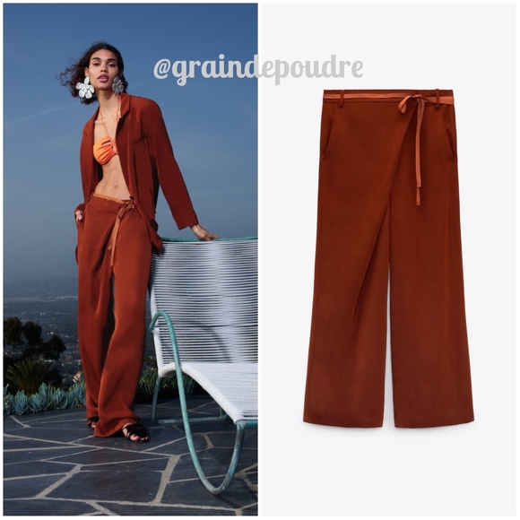 Zara Pants - Rare! Zara Caramel Brown Ribbon Tie Pareo Wide Leg Slouchy Pants M L XL